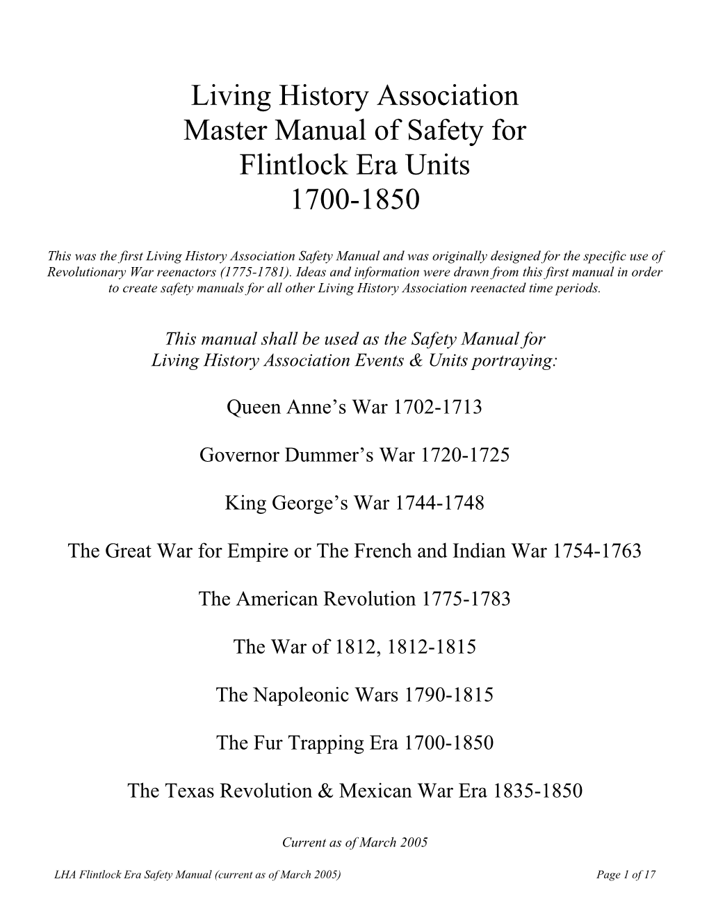 LHA Master Manual of Safety for Flintlock