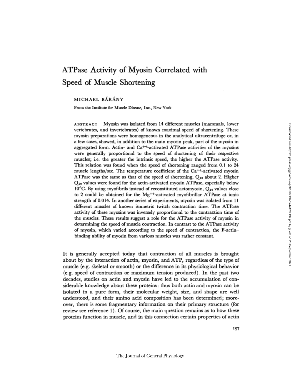 Atpase Activity of Myosin Correlated with Speed of Muscle Shortening