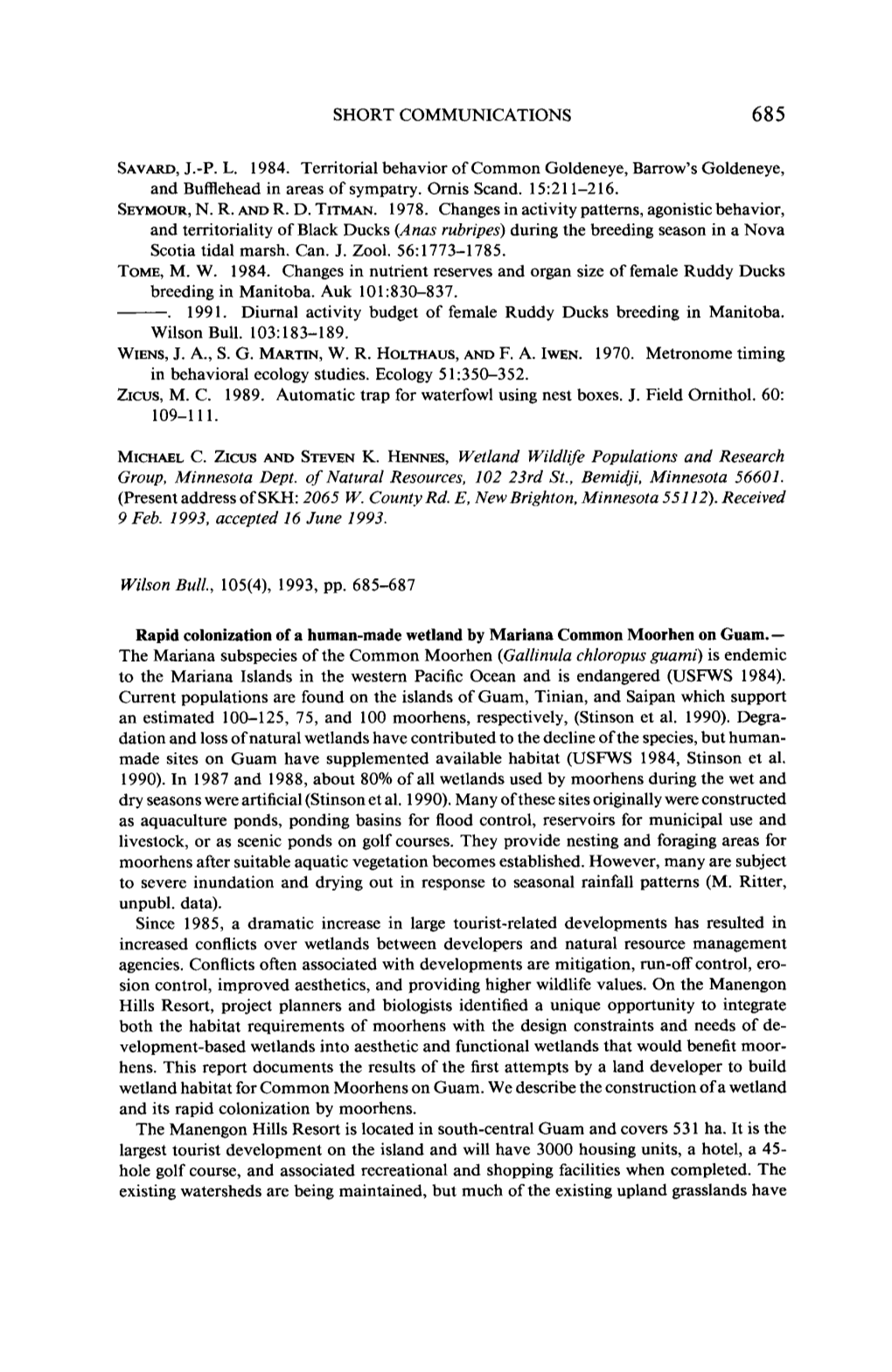 Rapid Colonization of a Human-Made Wetland by Mariana Common Moorhen on Guam