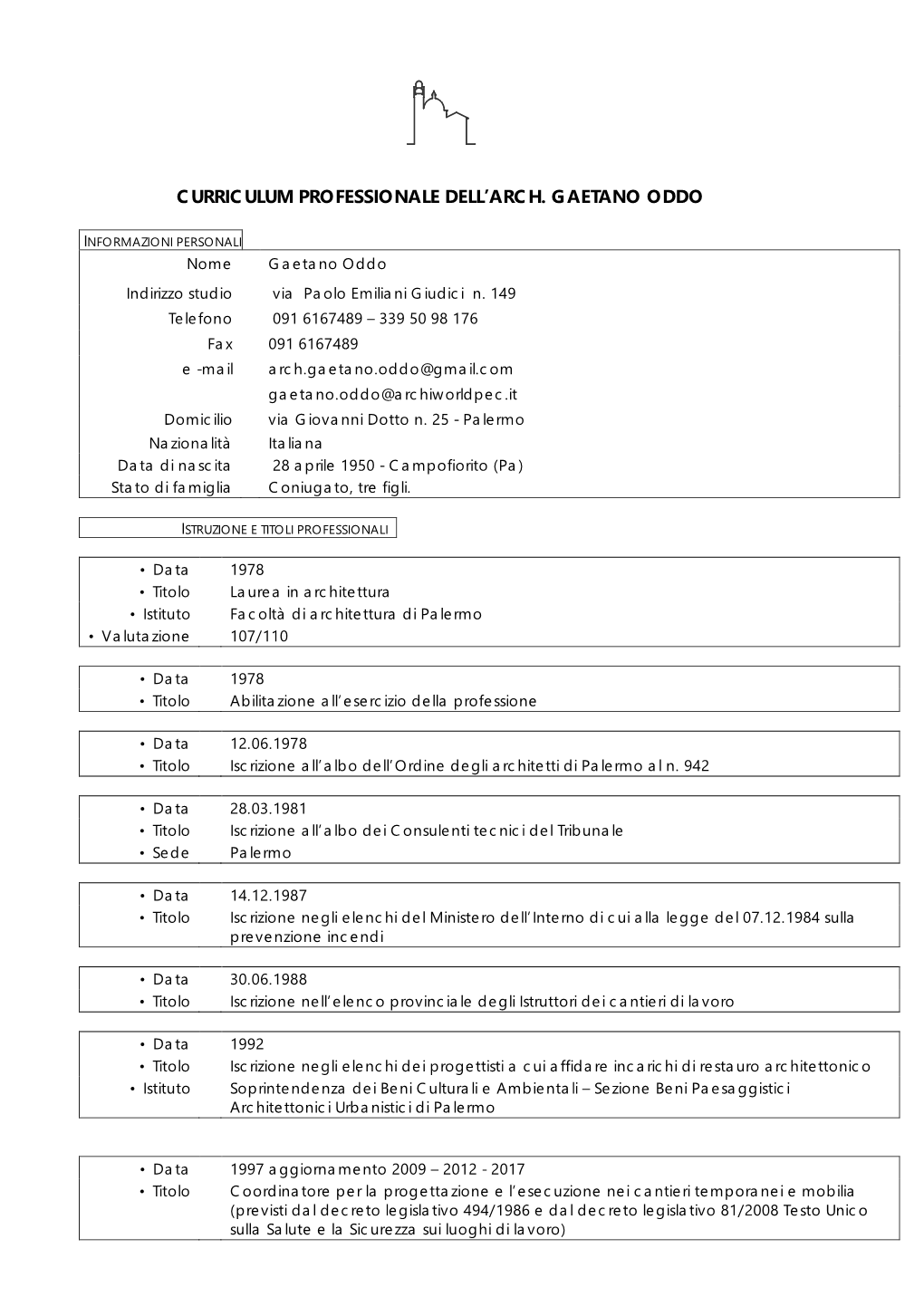 Curriculum Professionale Dell'arch. Gaetano Oddo