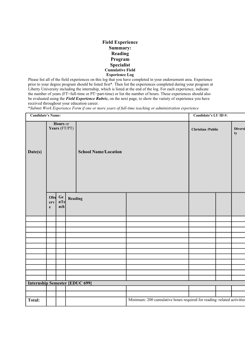 Field Experience Matrix s1