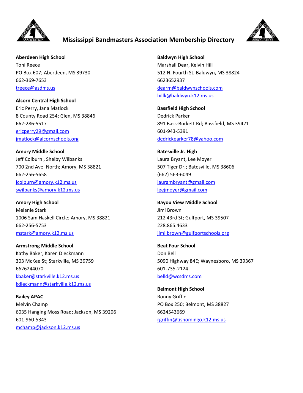 Mississippi Bandmasters Association Membership Directory