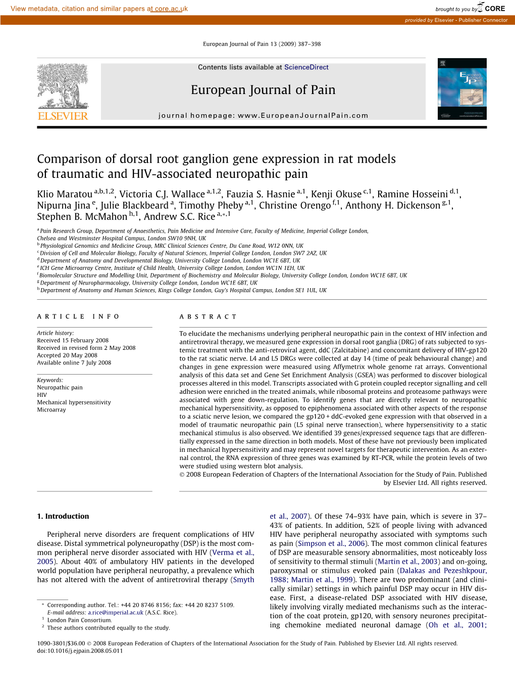 Comparison of Dorsal Root Ganglion Gene Expression in Rat Models of Traumatic and HIV-Associated Neuropathic Pain