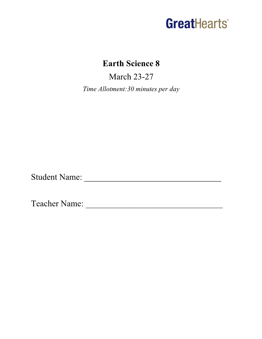 Earth Science 8 March 23-27 Student Name