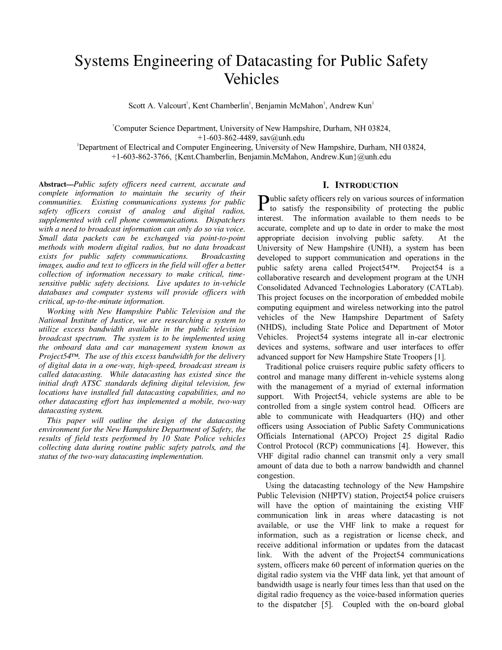 Systems Engineering of Datacasting for Public Safety Vehicles