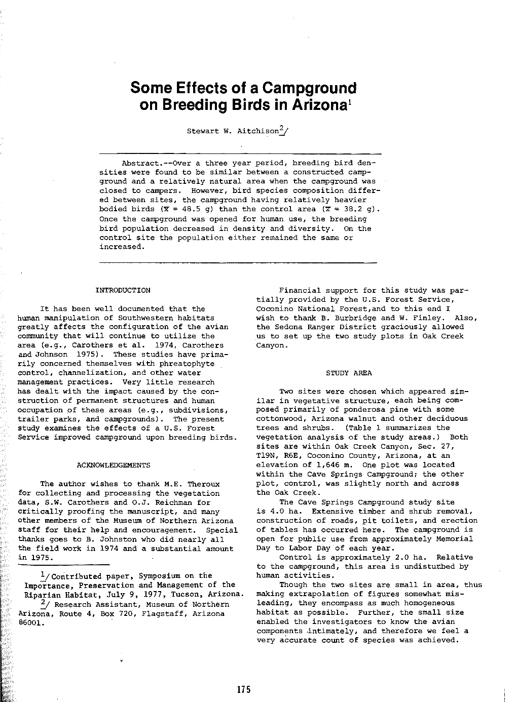 Some Effects of a Campground on Breeding Birds in Arizonal