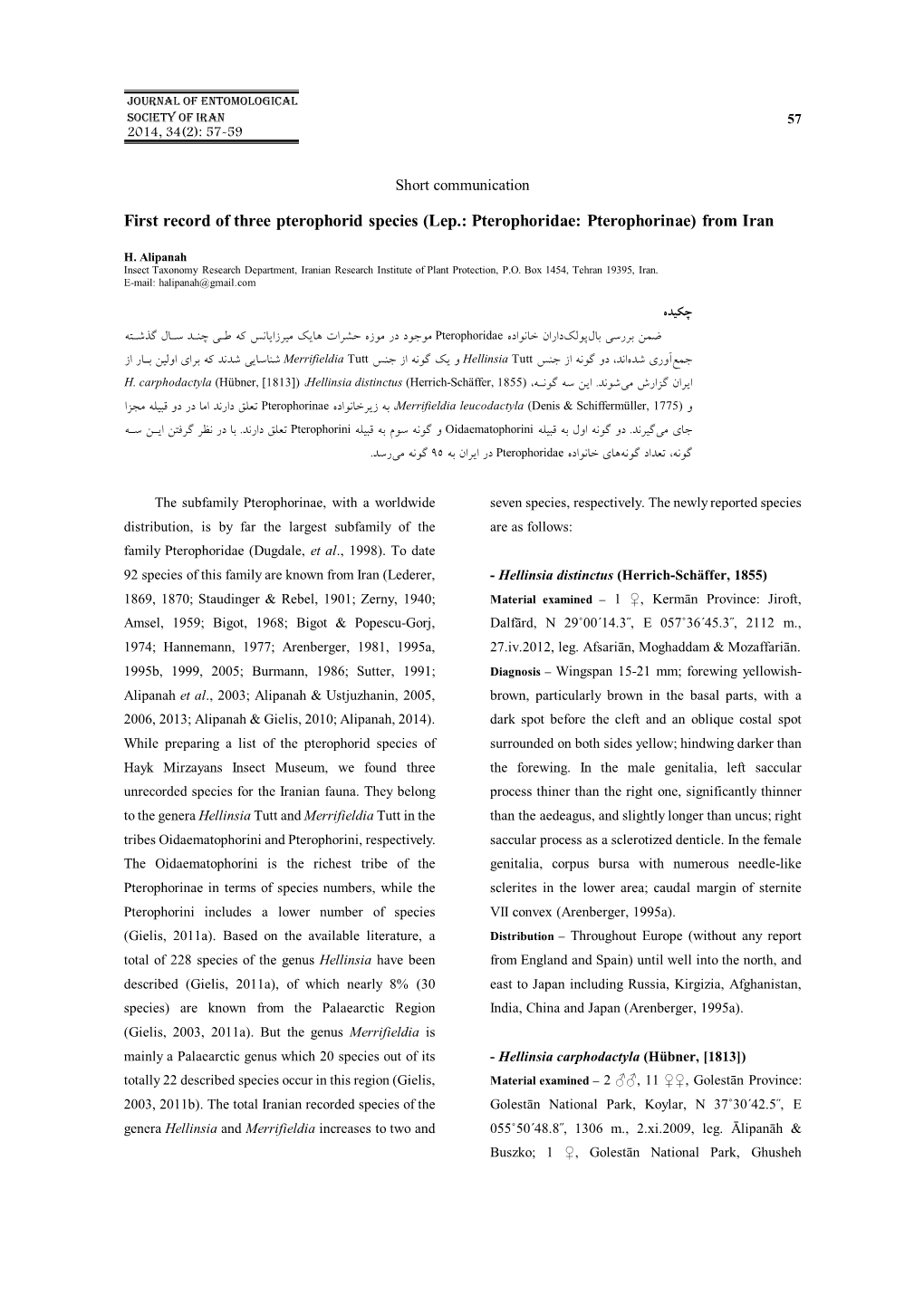 Lep.: Pterophoridae: Pterophorinae) from Iran