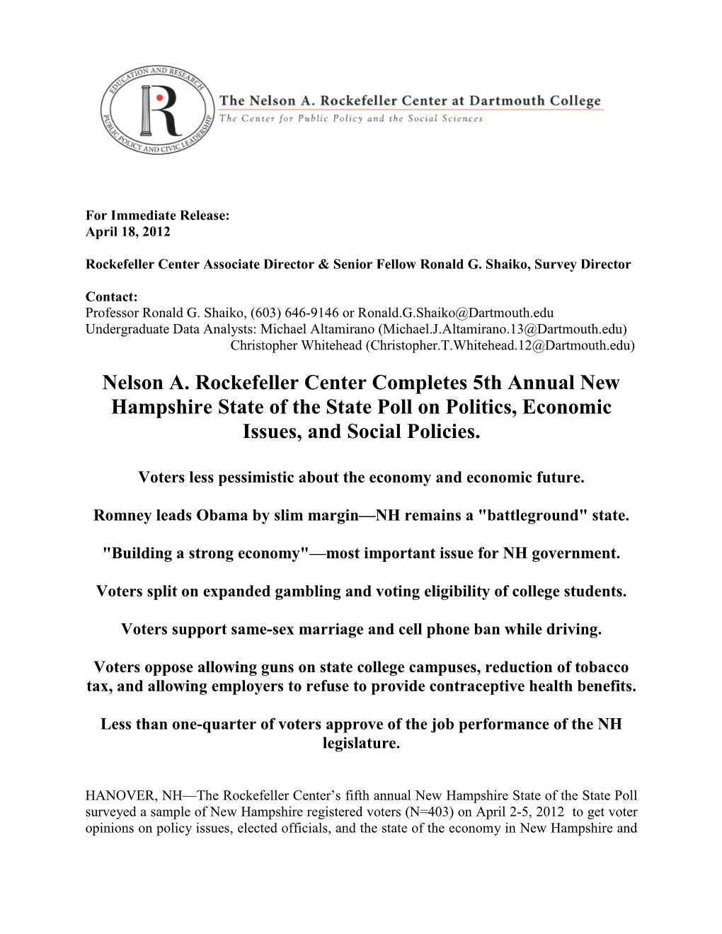 Nelson A. Rockefeller Center Completes 5Th Annual New Hampshire State of the State Poll on Politics, Economic Issues, and Social Policies