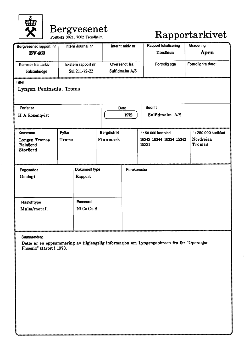 Bergvesenet Postboks3021, 7002 Trondheim Rapportarkivet