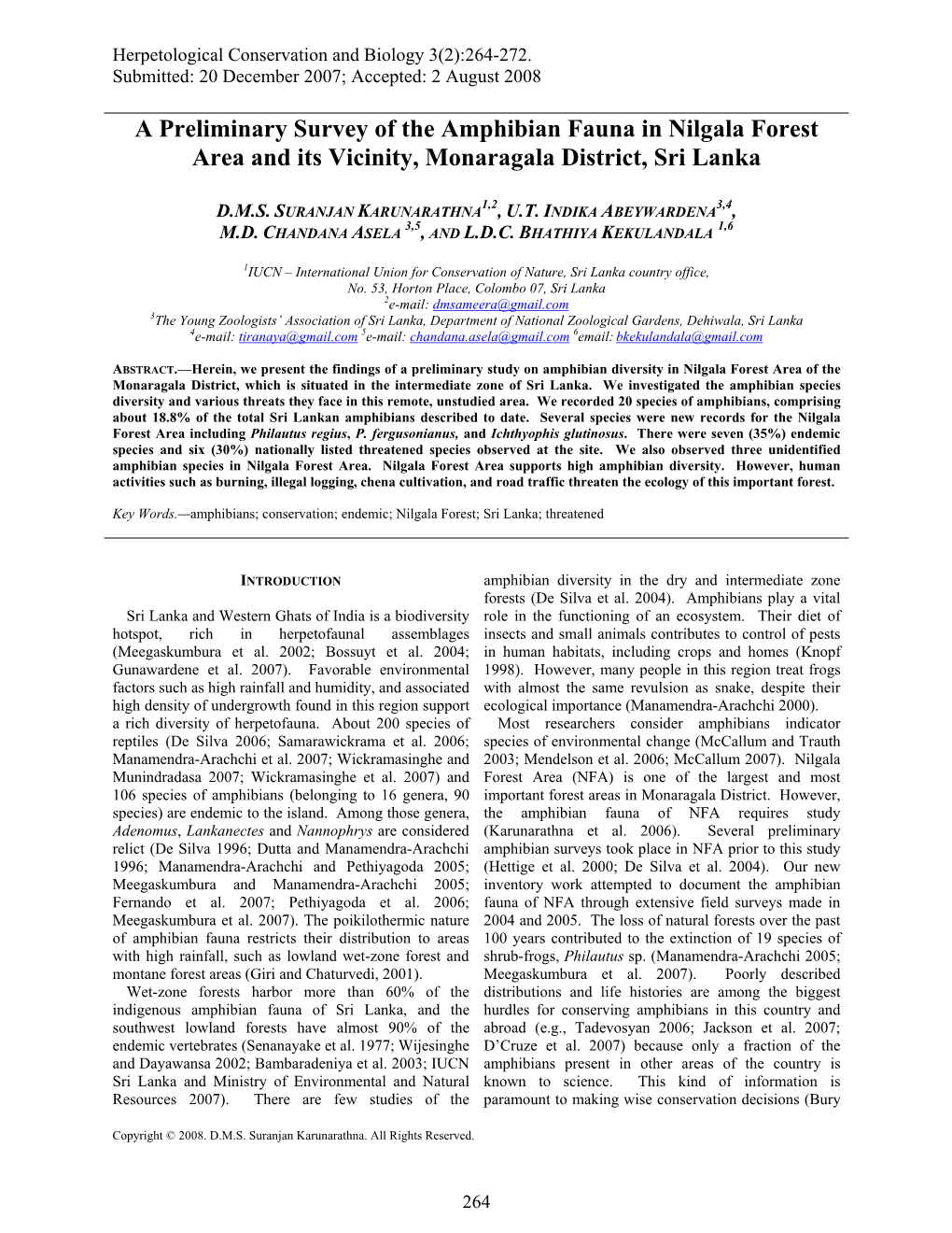 A Preliminary Survey of the Amphibian Fauna in Nilgala Forest Area and Its Vicinity, Monaragala District, Sri Lanka
