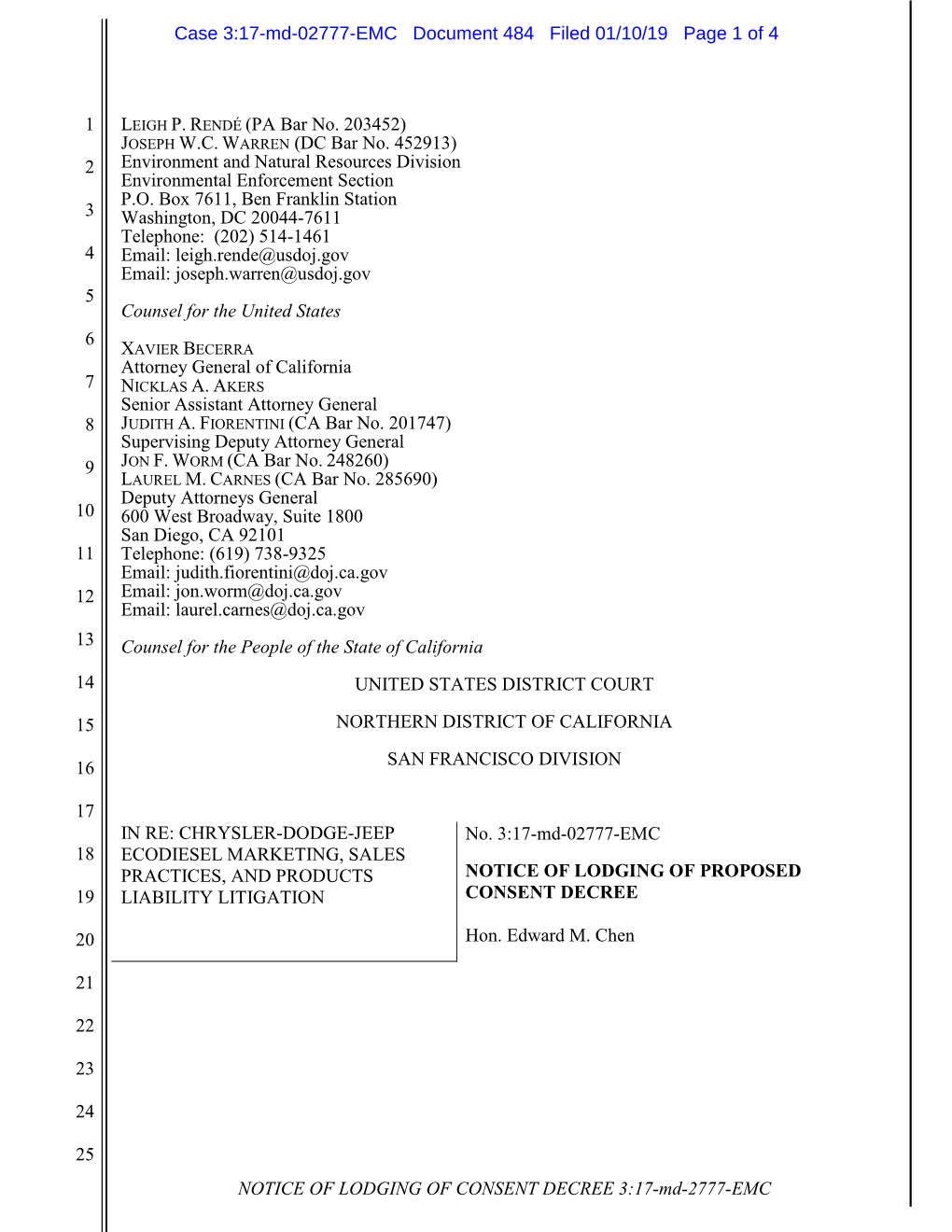 NOTICE of LODGING of CONSENT DECREE 3:17-Md-2777-EMC 1 2 3