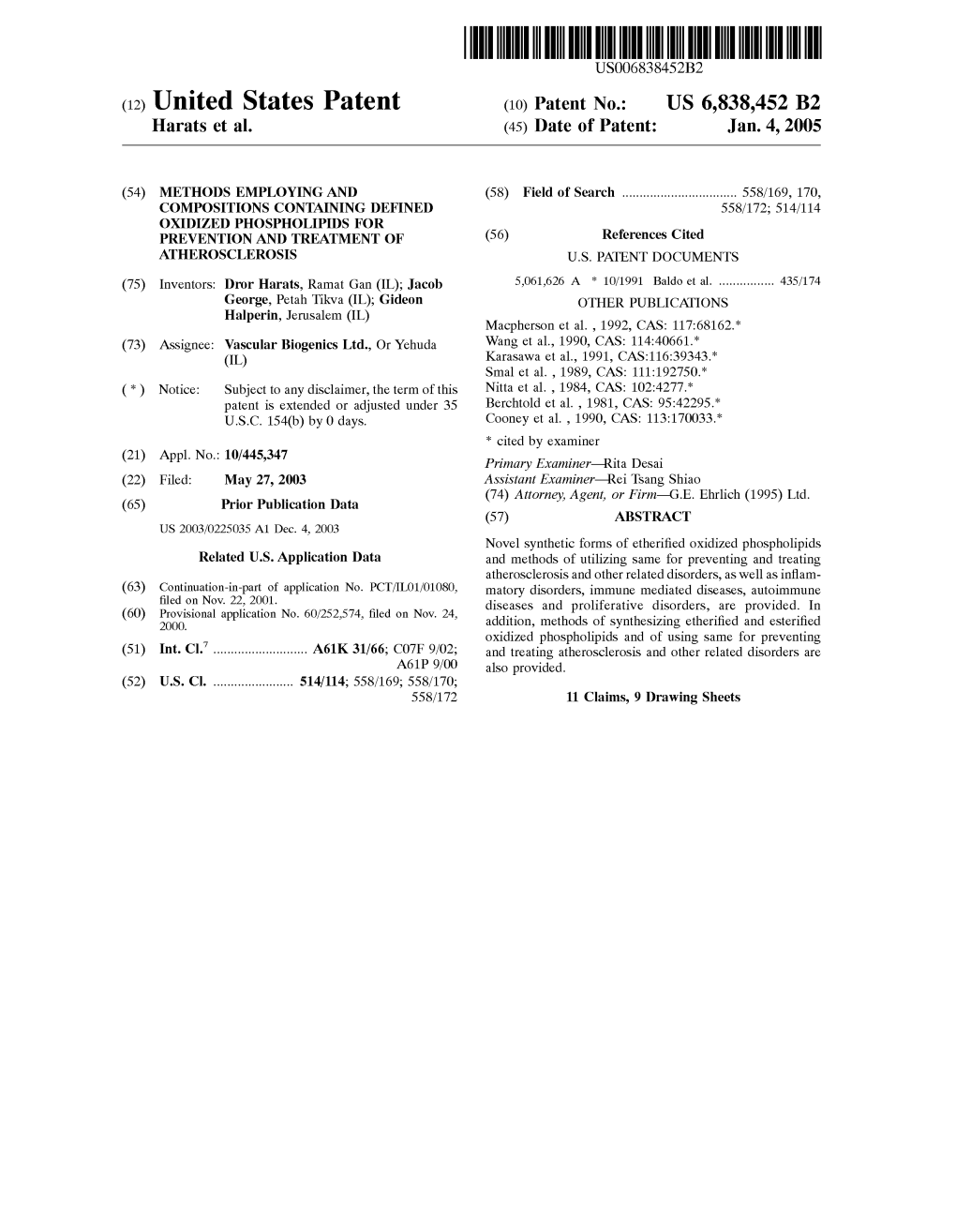 (12) United States Patent (10) Patent No.: US 6,838,452 B2 Harats Et Al