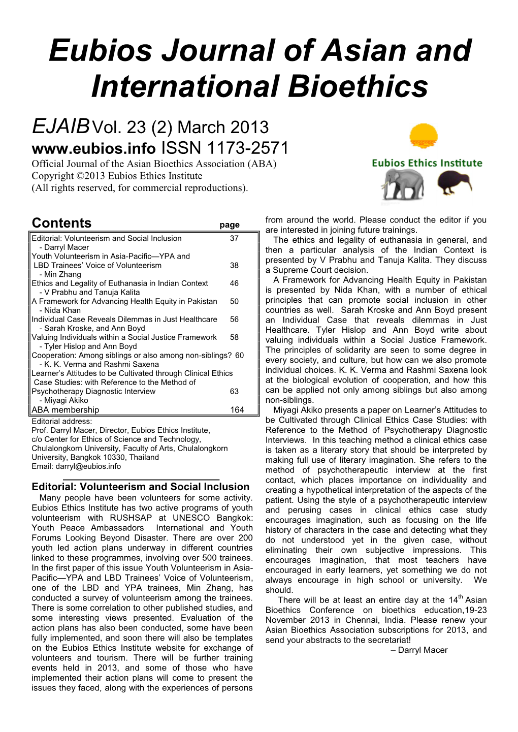 Eubios Journal of Asian and International Bioethics