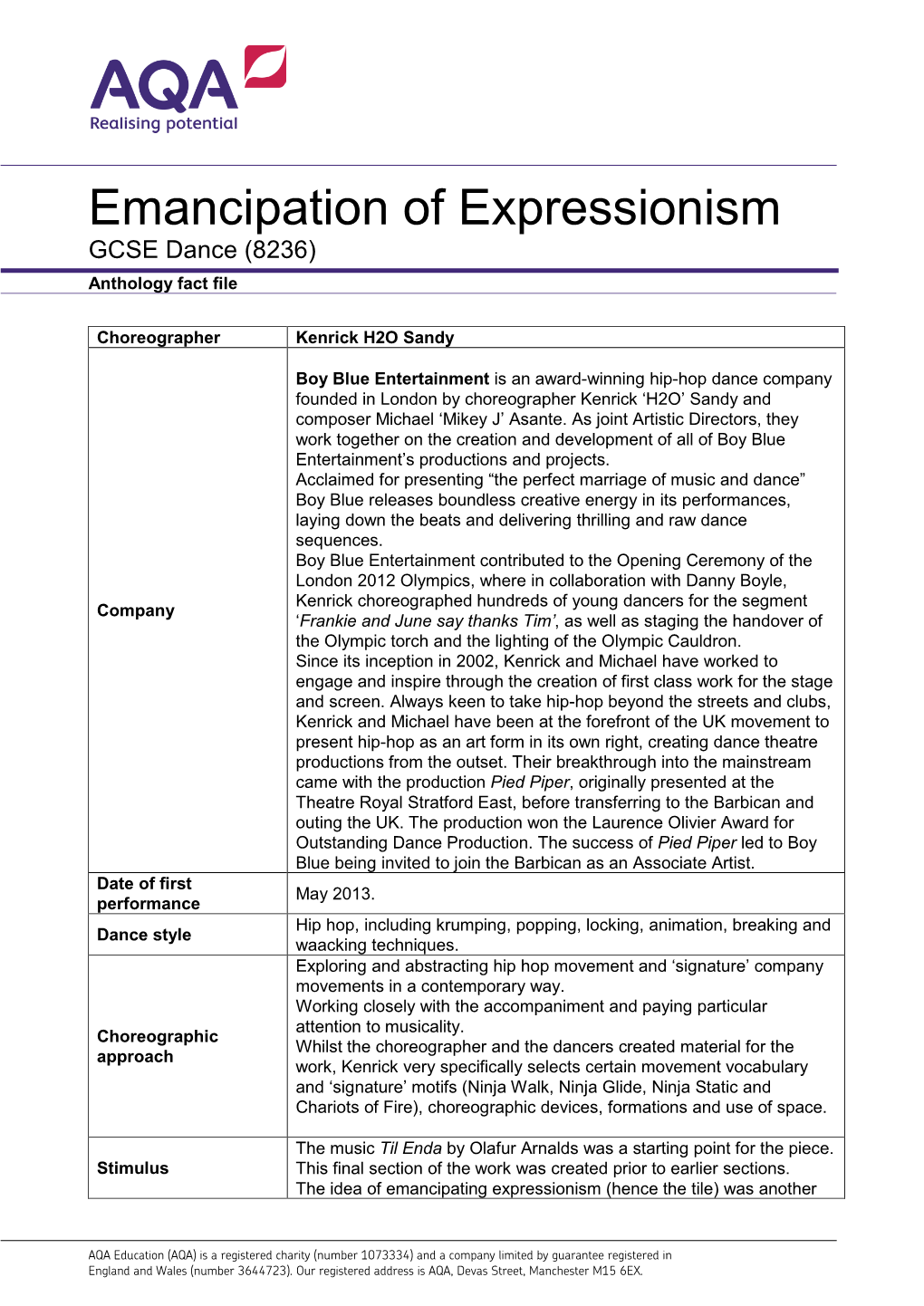 Emancipation of Expressionism GCSE Dance (8236) Anthology Fact File