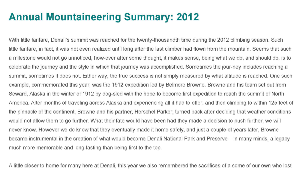 Annual Mountaineering Summary: 2012