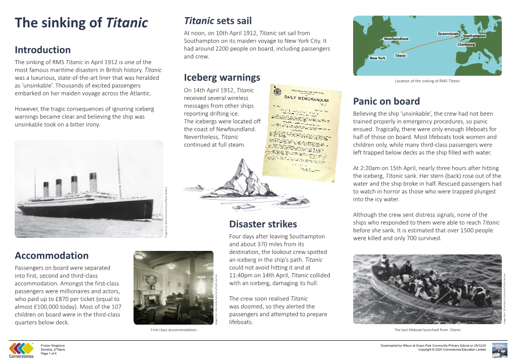 The Sinking of Titanic Titanic Sets Sail �Ueenstown at Noon, on 10Th April 1912, Titanic Set Sail from Southampton Southampton on Its Maiden Voyage to New York City