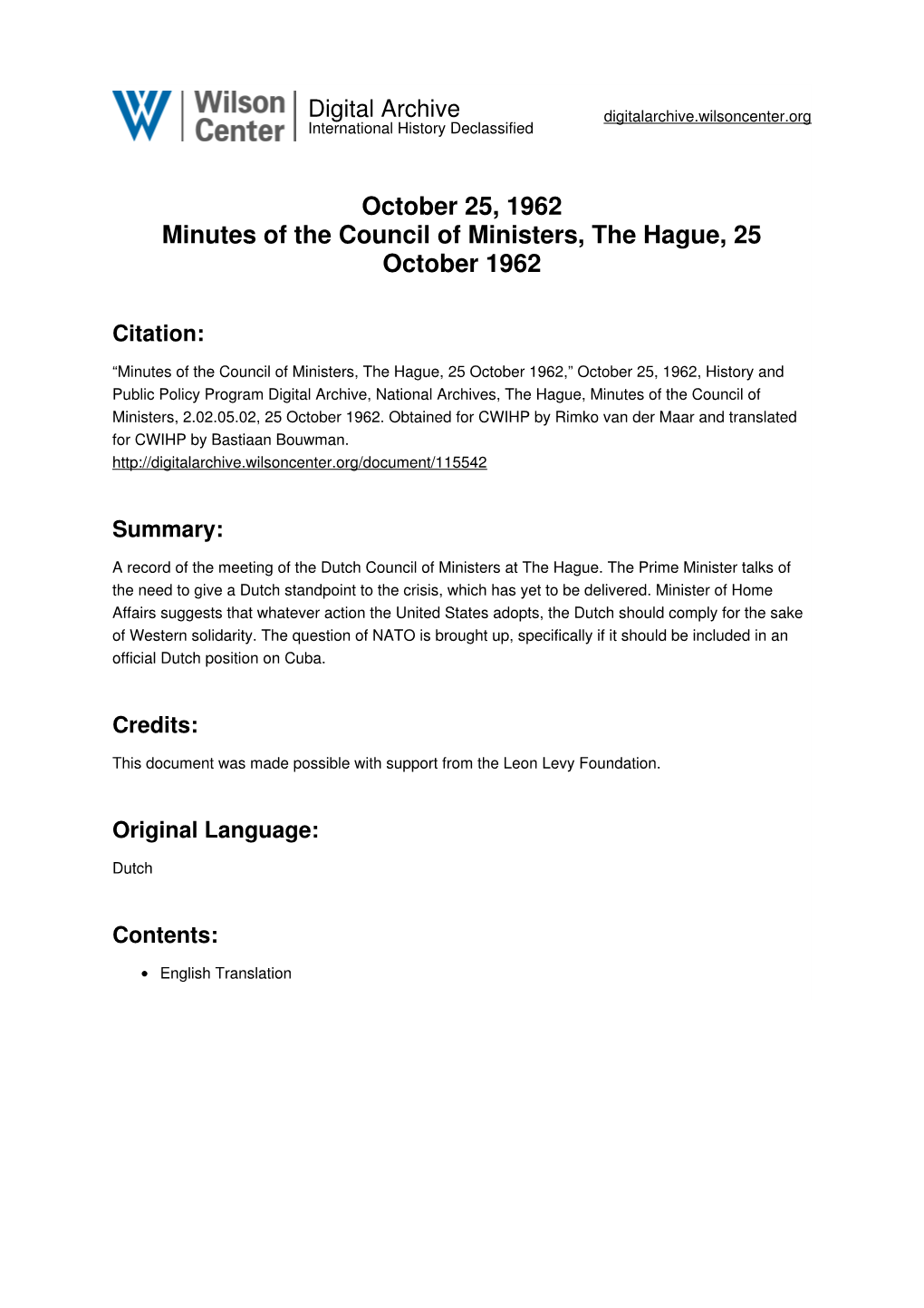 October 25, 1962 Minutes of the Council of Ministers, the Hague, 25 October 1962