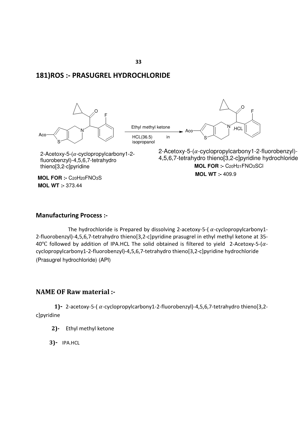 181)Ros :- Prasugrel Hydrochloride