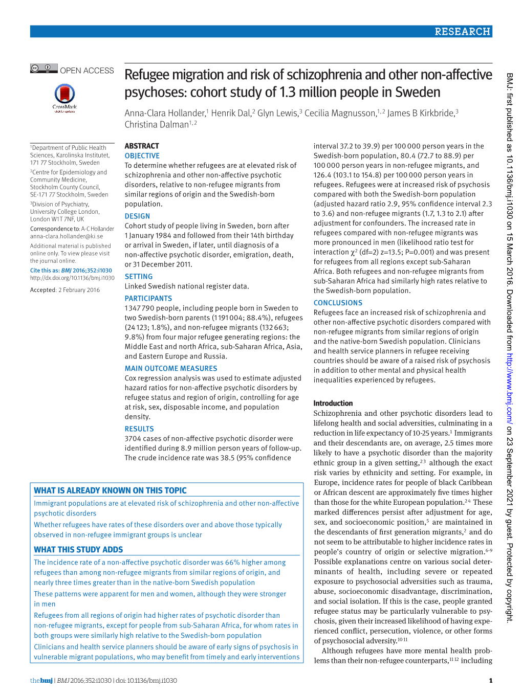 Refugee Migration and Risk of Schizophrenia and Other Non-Affective BMJ: First Published As 10.1136/Bmj.I1030 on 15 March 2016