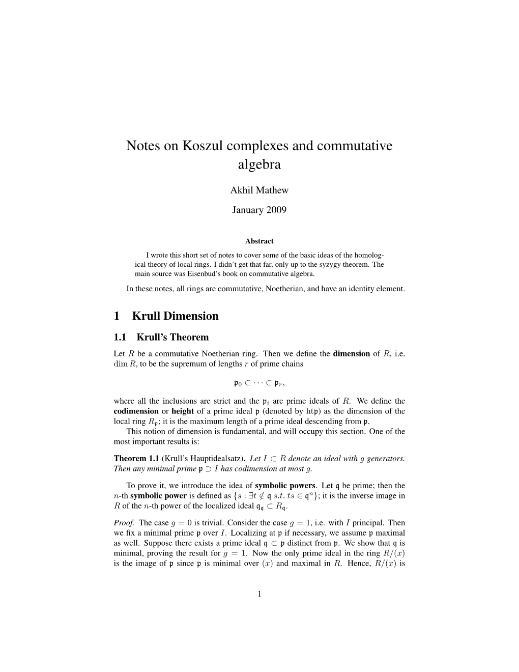 Notes on Koszul Complexes and Commutative Algebra