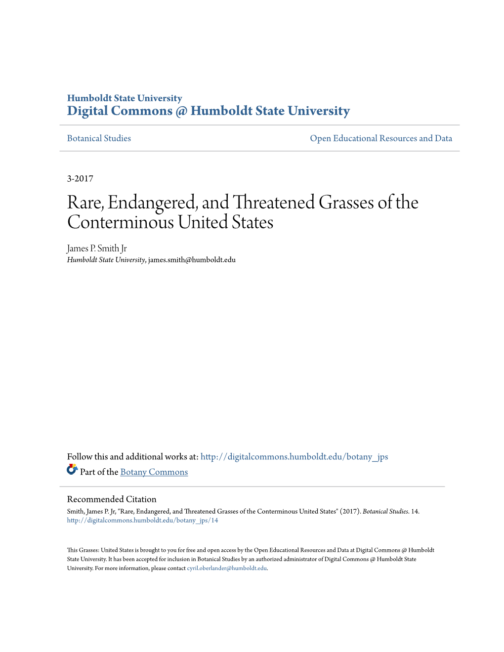 Rare, Endangered, and Threatened Grasses of the Conterminous United States James P