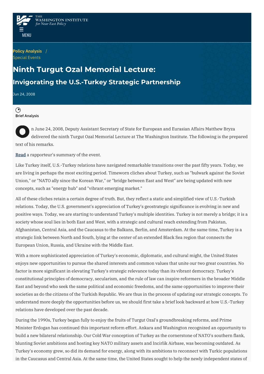 Ninth Turgut Ozal Memorial Lecture: Invigorating the U.S.-Turkey Strategic Partnership