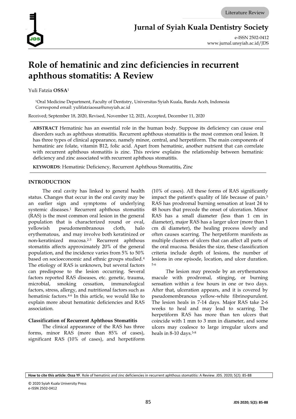 Role of Hematinic and Zinc Deficiencies in Recurrent Aphthous Stomatitis: a Review
