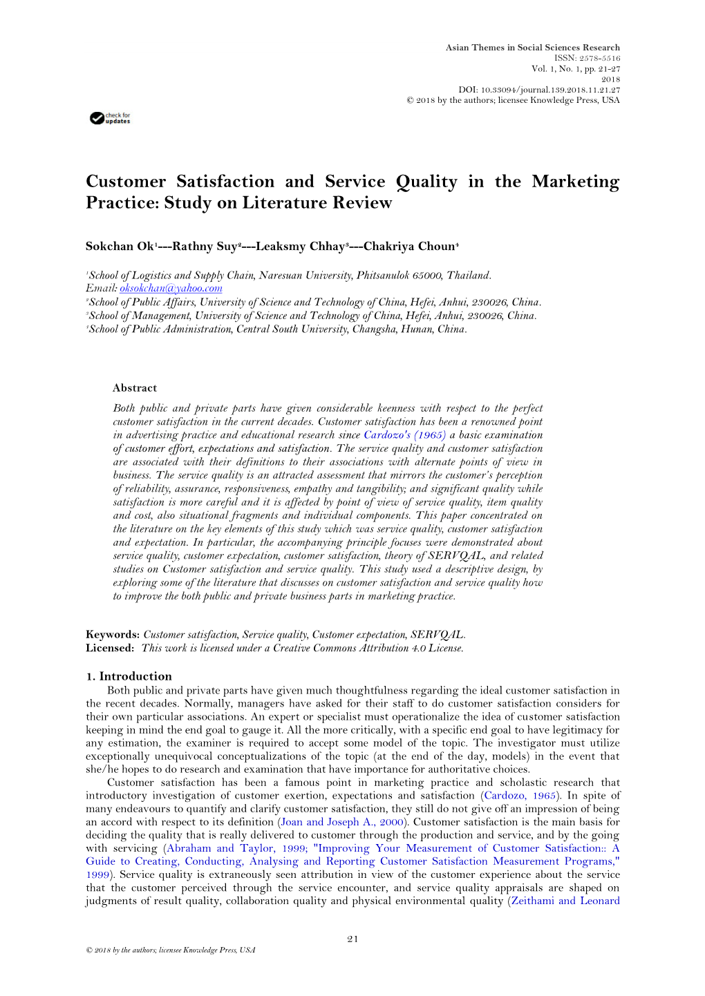 Customer Satisfaction and Service Quality in the Marketing Practice: Study on Literature Review