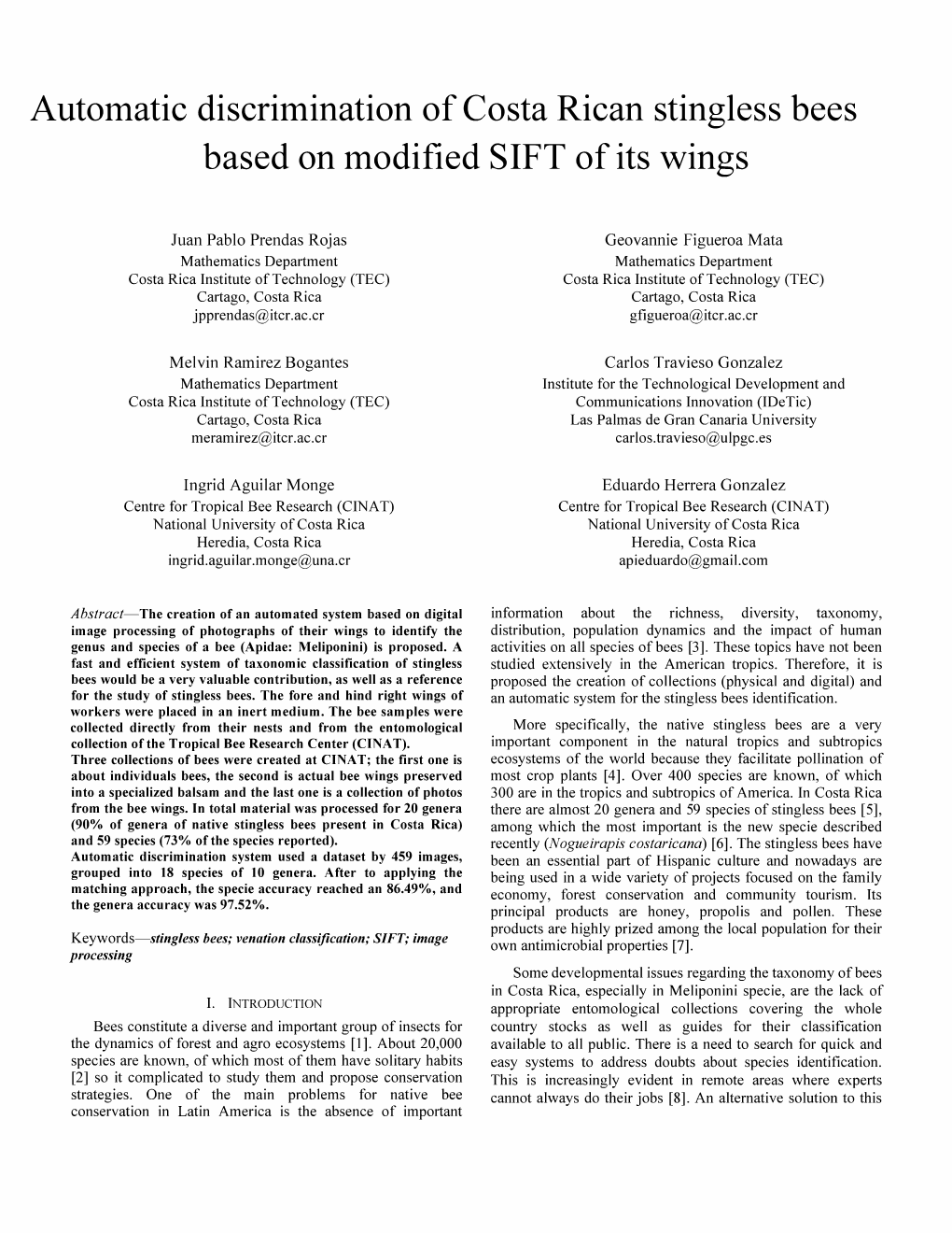 Automatic Discrimination of Costa Rican Stingless Bees Based on Modified SIFT of Its Wings