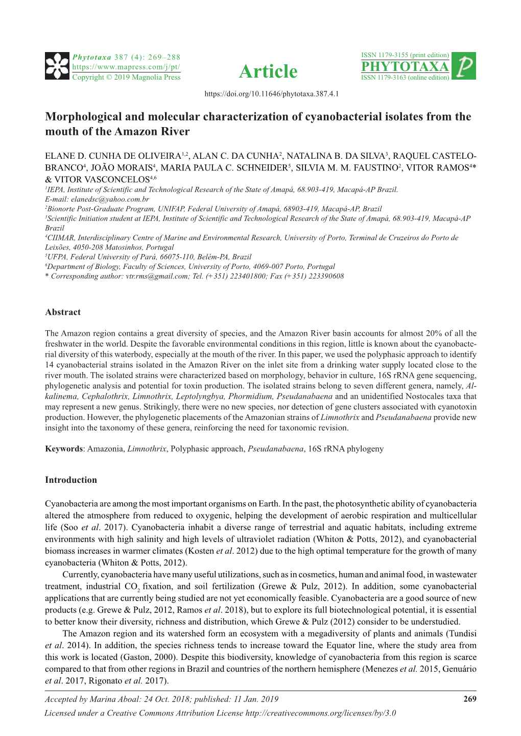 Morphological and Molecular Characterization of Cyanobacterial Isolates from the Mouth of the Amazon River