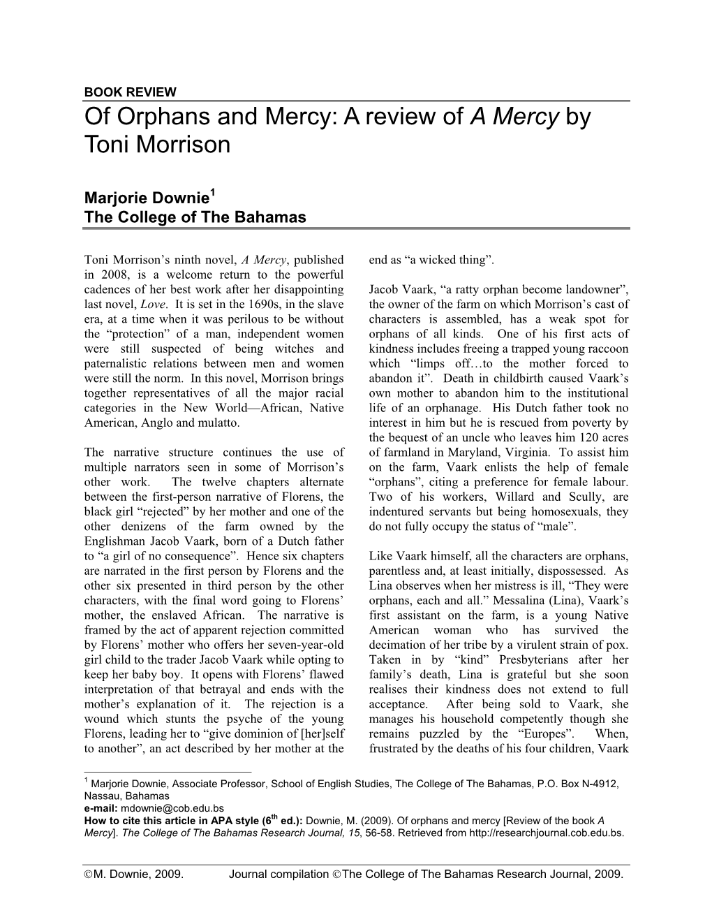 A Review of a Mercy by Toni Morrison