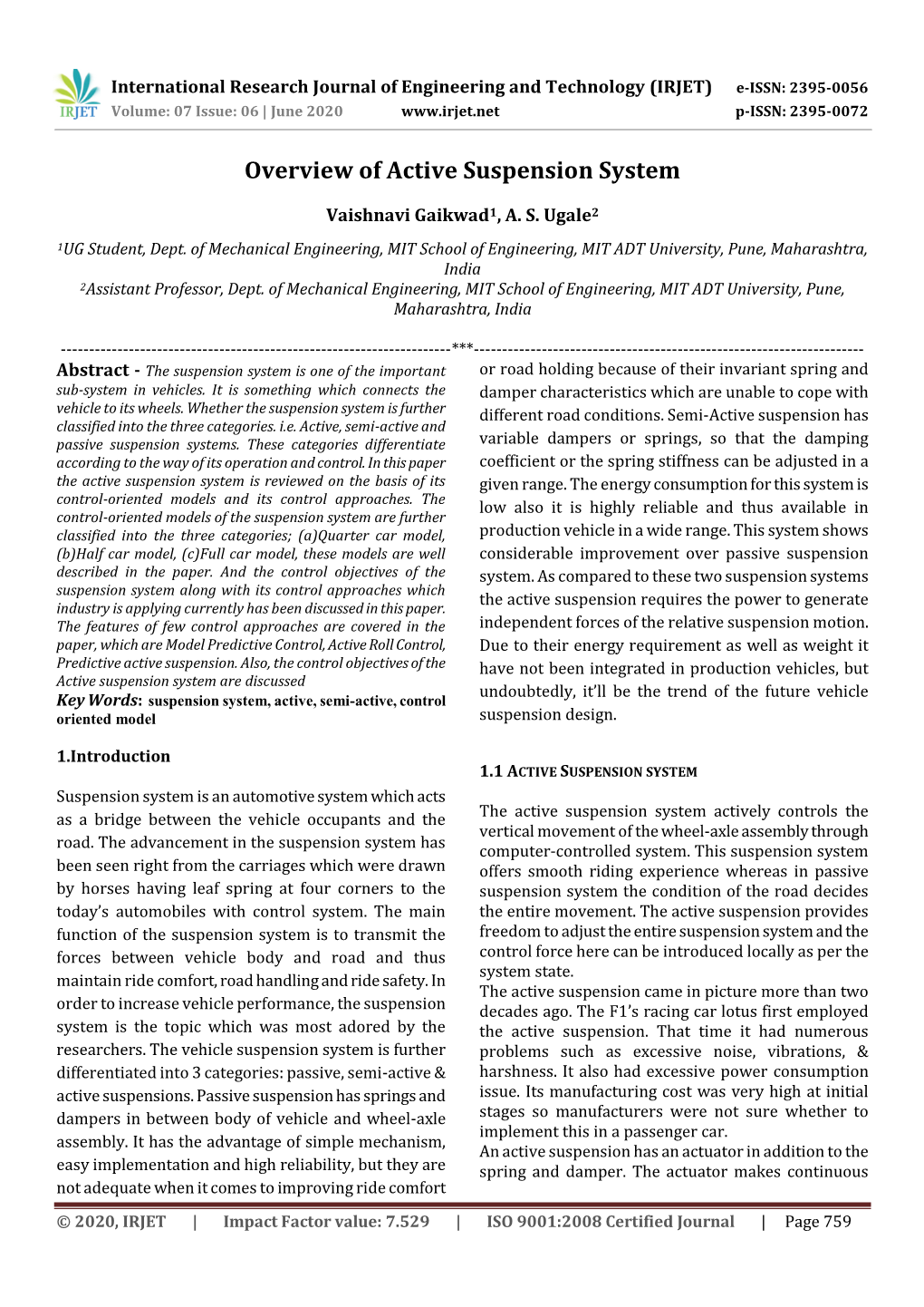 Overview of Active Suspension System