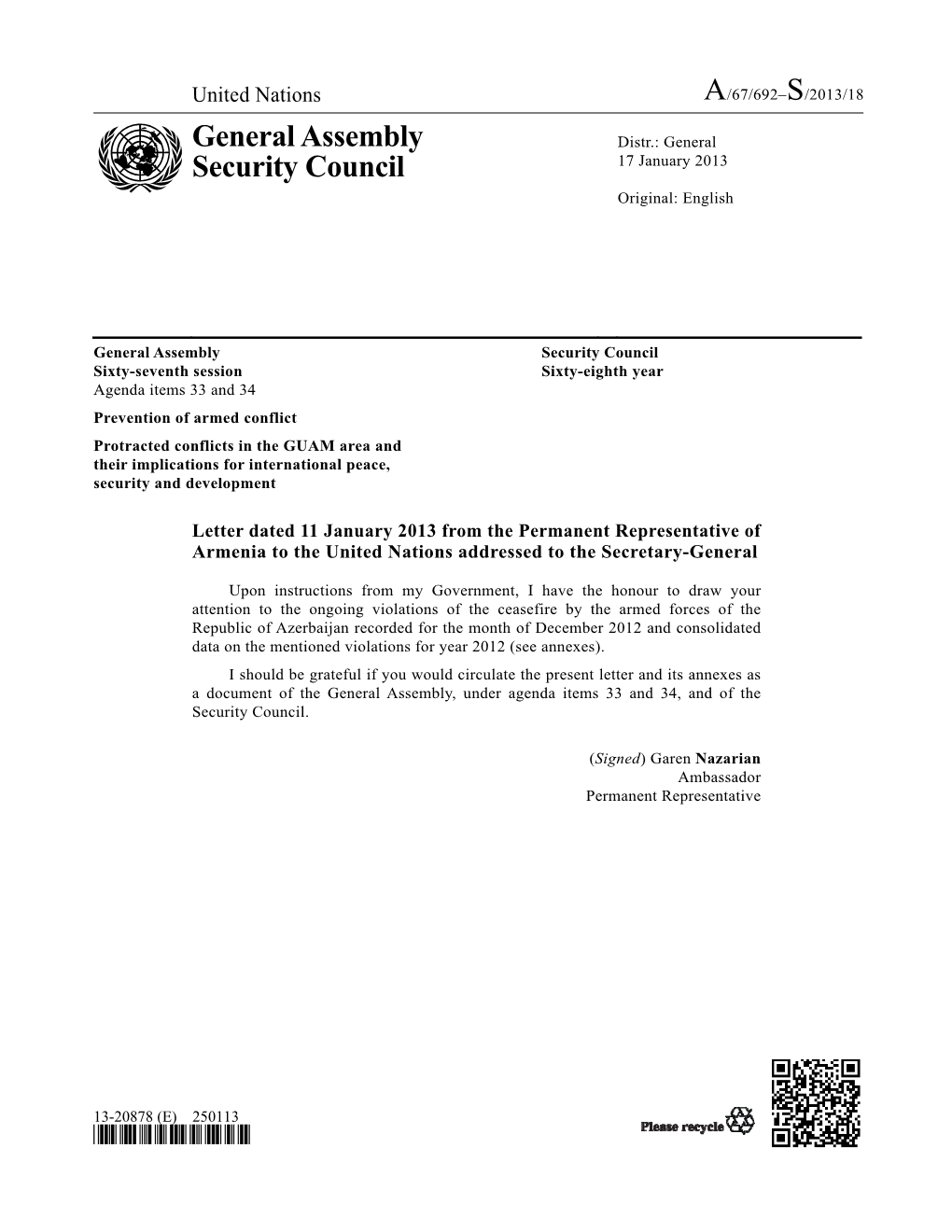 General Assembly Security Council Sixty-Seventh Session Sixty-Eighth Year Agenda Items 33 and 34