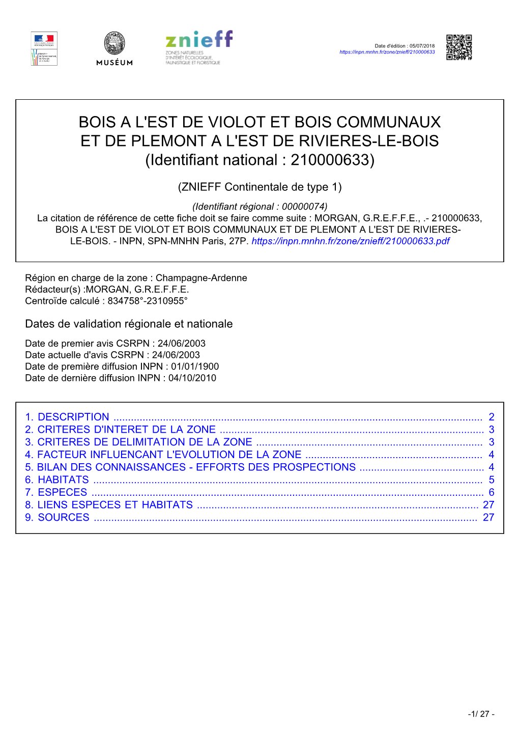 BOIS a L'est DE VIOLOT ET BOIS COMMUNAUX ET DE PLEMONT a L'est DE RIVIERES-LE-BOIS (Identifiant National : 210000633)