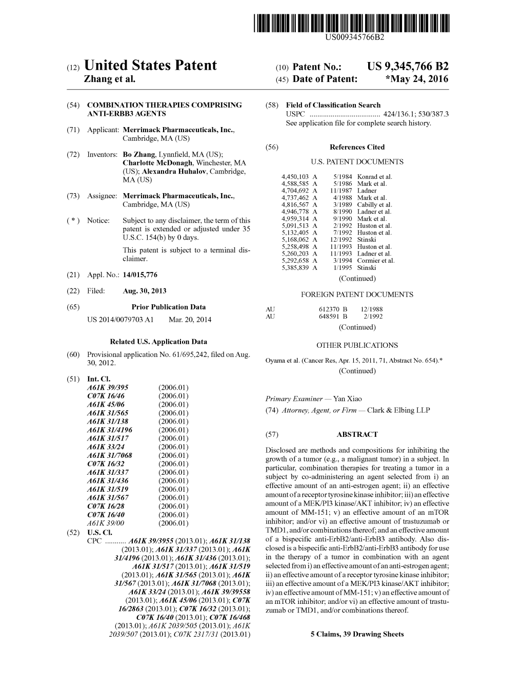 (12) United States Patent (10) Patent No.: US 9,345,766 B2 Zhang Et Al