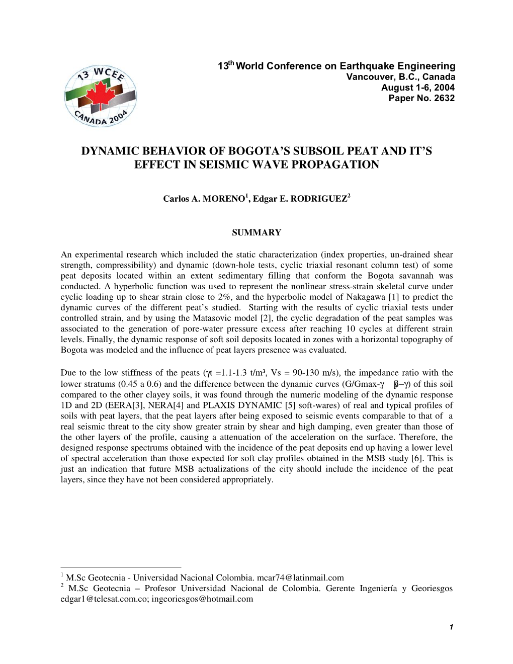 Dynamic Behavior of Bogota's Subsoil Peat and It's Effect in Seismic Wave Propagation