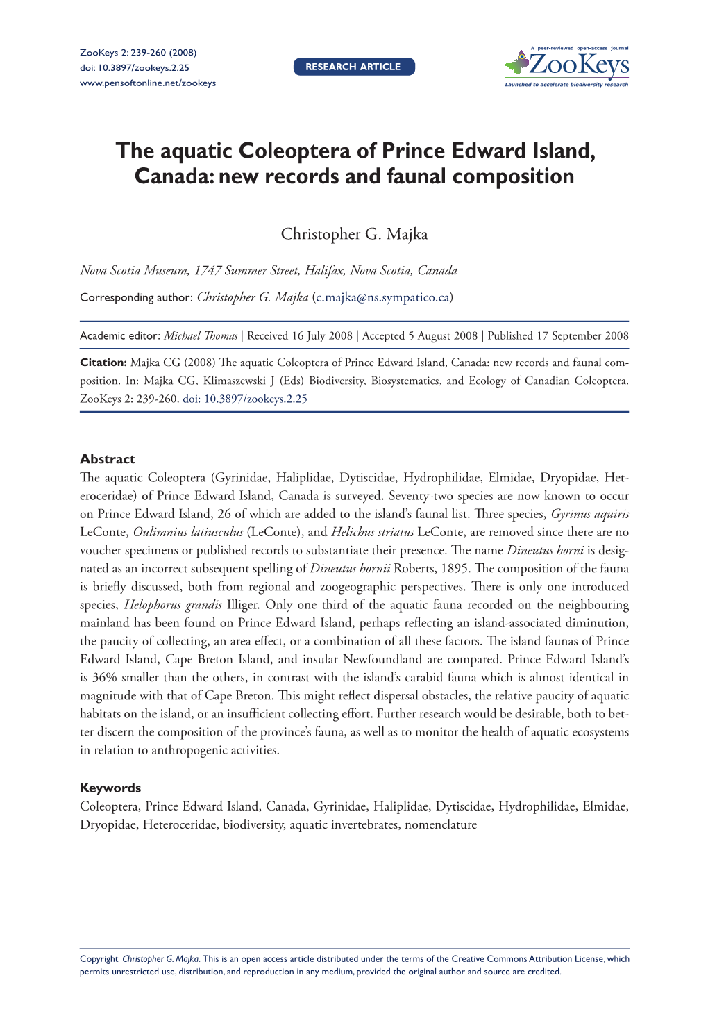 The Aquatic Coleoptera of Prince Edward Island, Canada: New Records and Faunal Composition