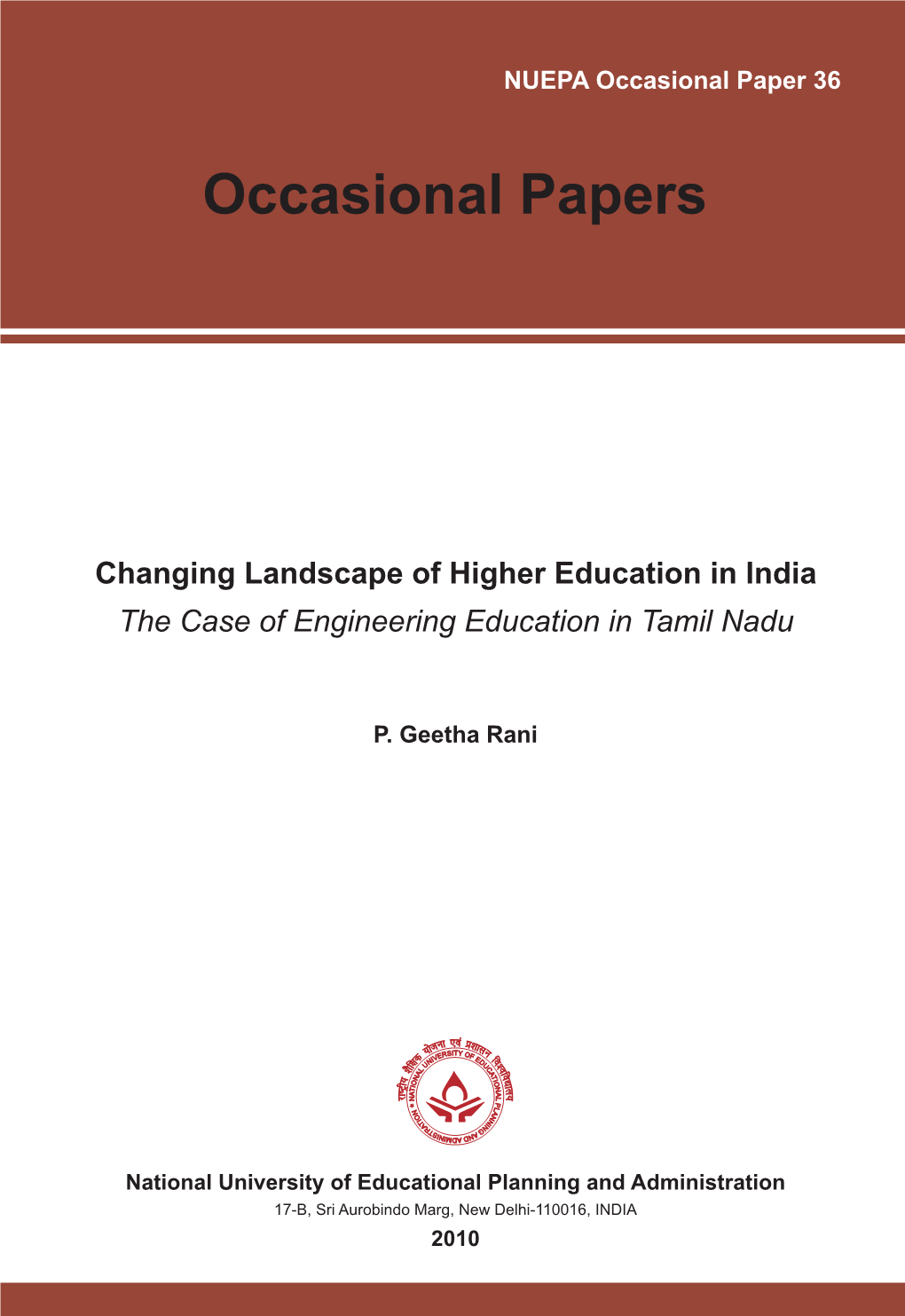 Framework of the Paper on Higher Education in Tamil Nadu