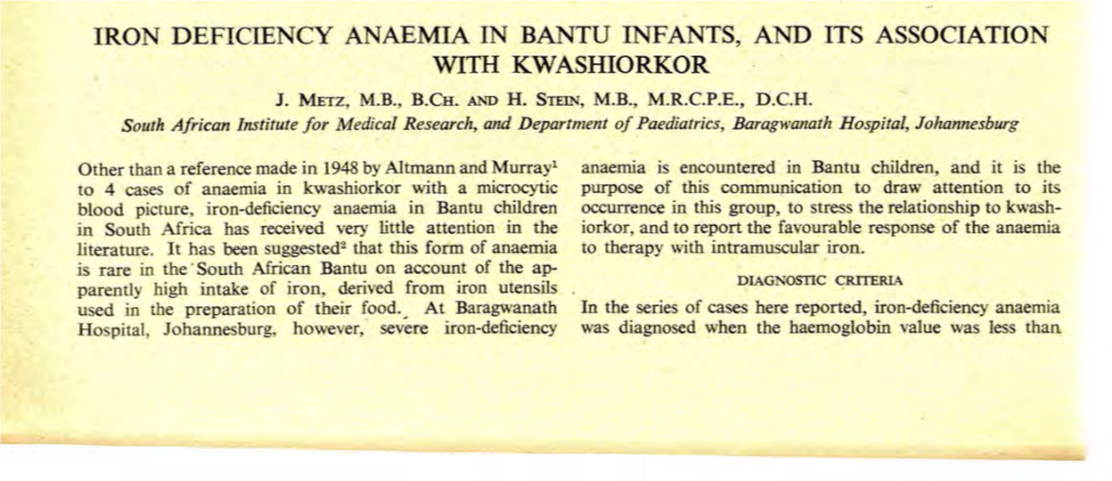 Iron Deficiency Anaemia in Bantu Infants, and Its Association with Kwashiorkor J