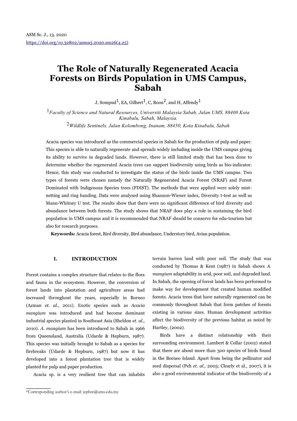 The Role of Naturally Regenerated Acacia Forests on Birds Population in UMS Campus, Sabah