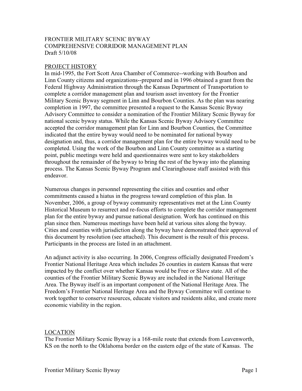 FRONTIER MILITARY SCENIC BYWAY COMPREHENSIVE CORRIDOR MANAGEMENT PLAN Draft 5/10/08