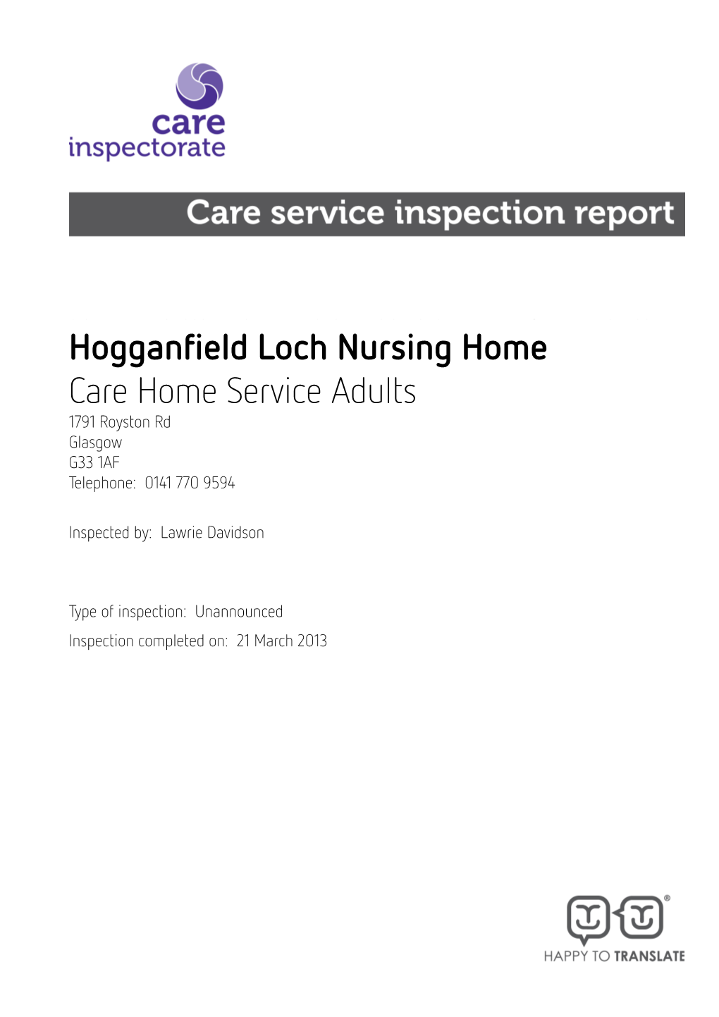 Hogganfield Loch Nursing Home Care Home Service Adults