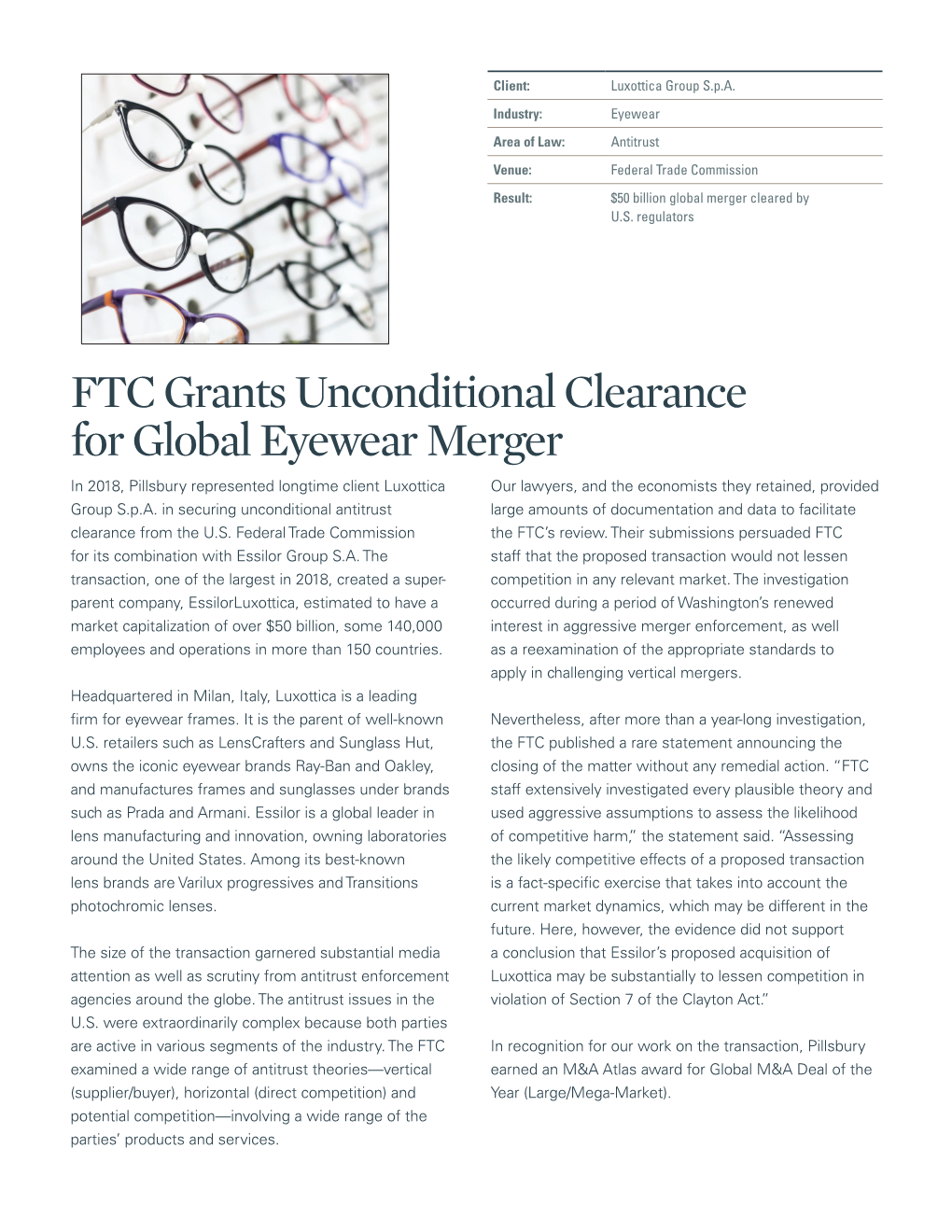 FTC Grants Unconditional Clearance for Global Eyewear Merger
