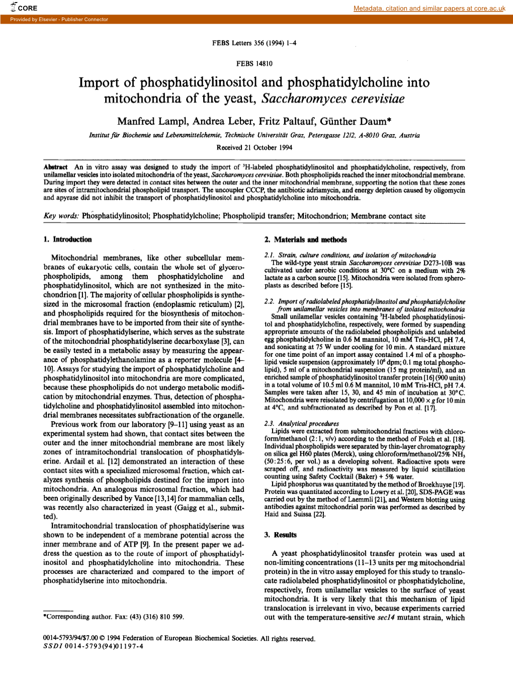 Import of Phosphatidylinositol and Phosphatidylcholine Into Mitochondria of the Yeast, Saccharomyces Cerevisiae