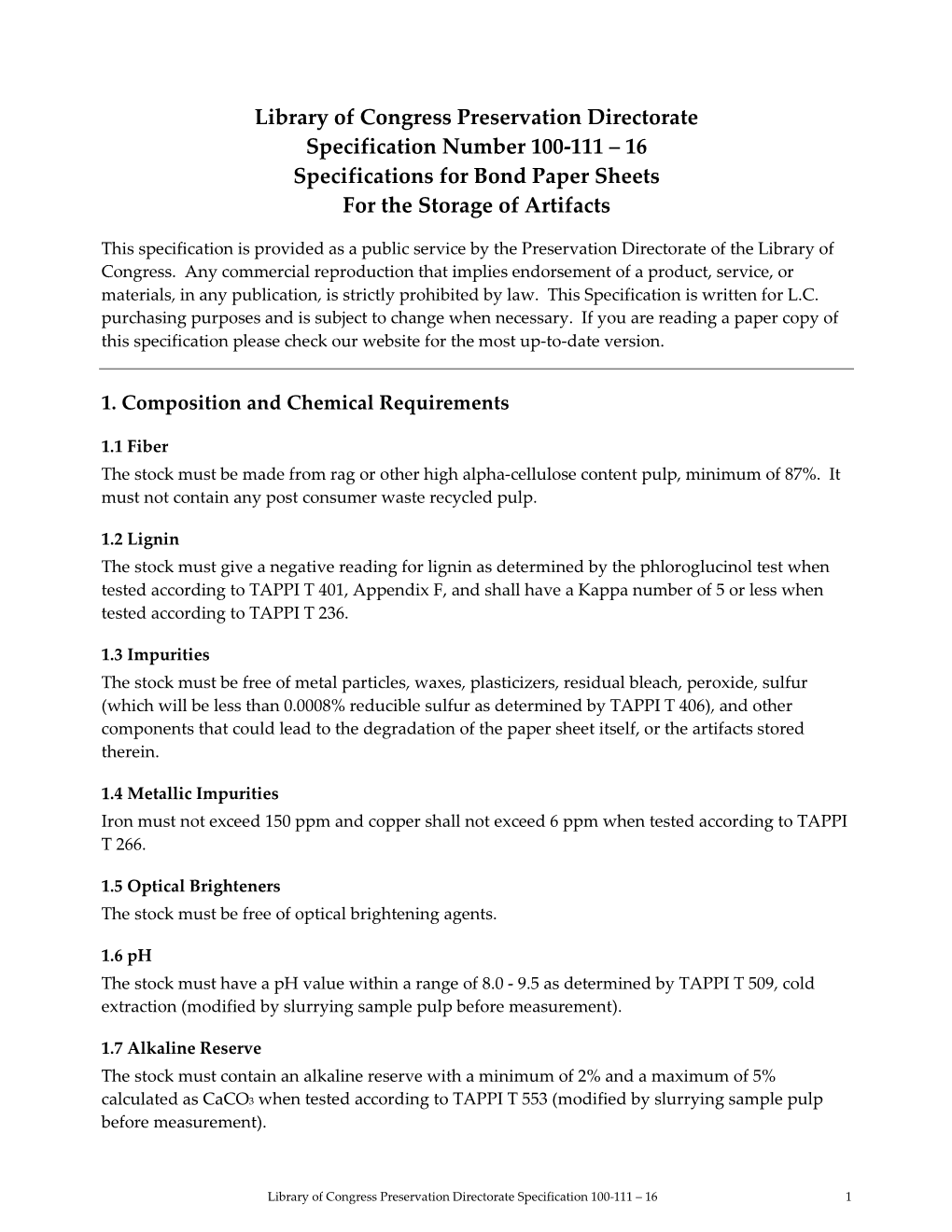 100-111 – 16 Specifications for Bond Paper Sheets for the Storage of Artifacts