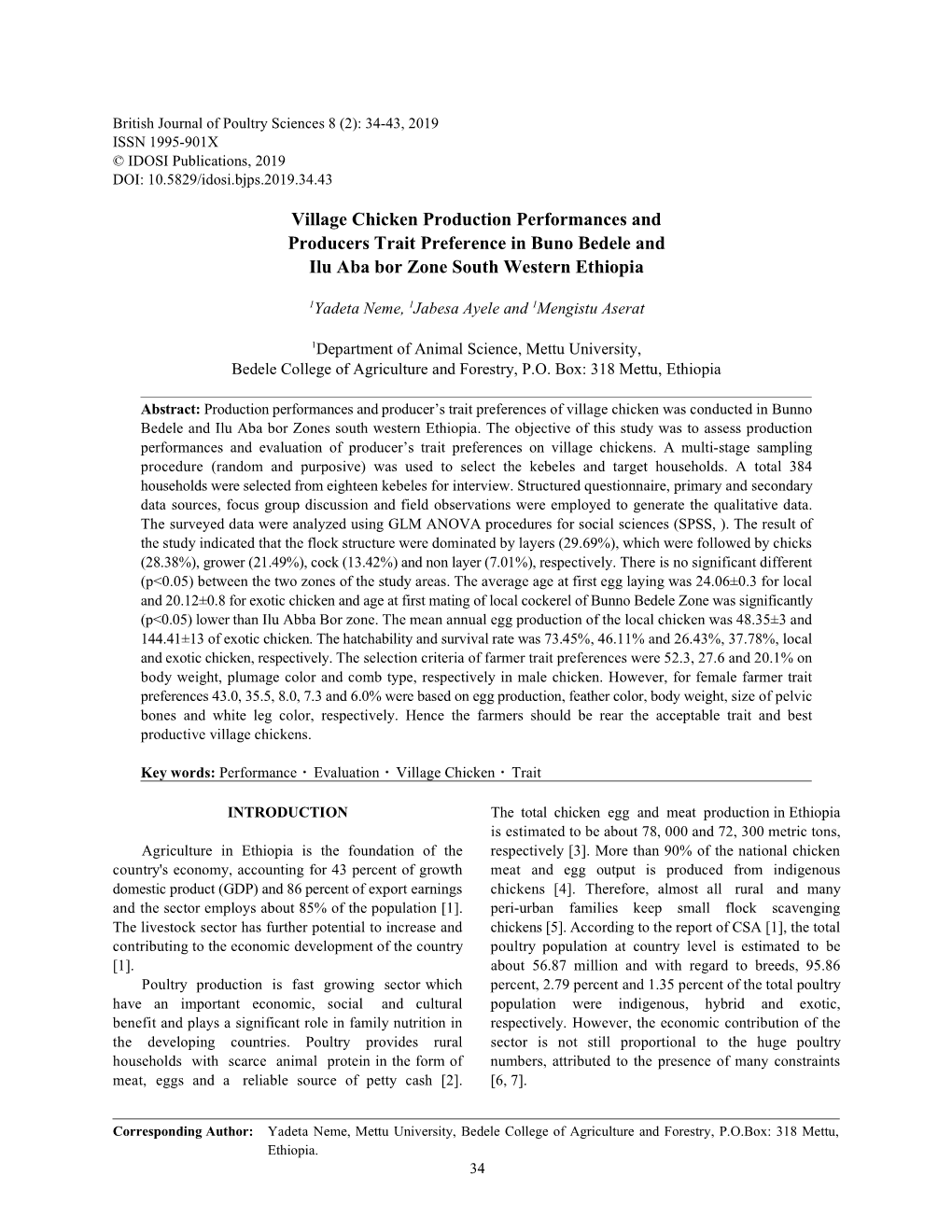 Village Chicken Production Performances and Producers Trait Preference in Buno Bedele and Ilu Aba Bor Zone South Western Ethiopia