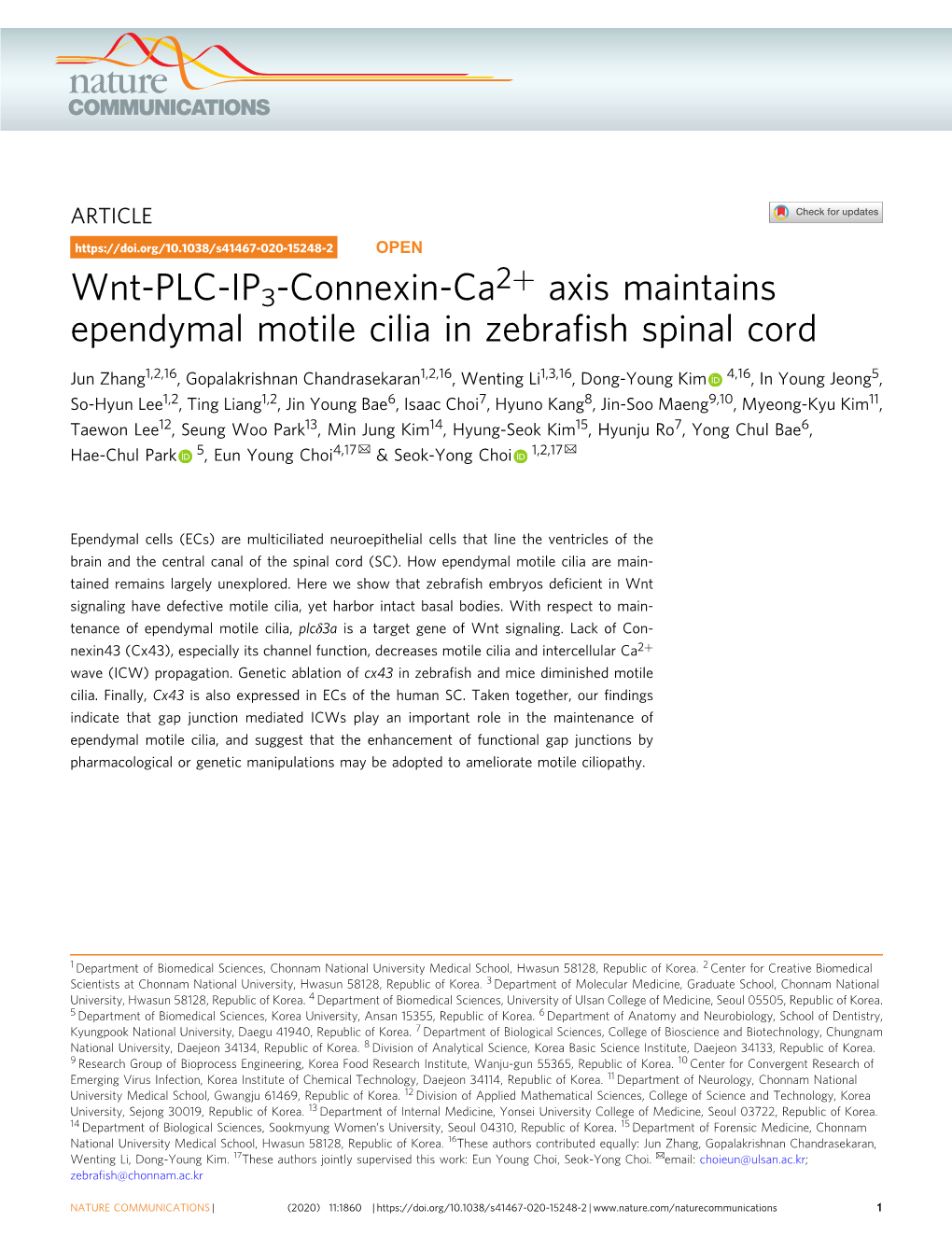 Wnt-PLC-IP3-Connexin-Ca2+ Axis Maintains Ependymal Motile Cilia in Zebrafish Spinal Cord