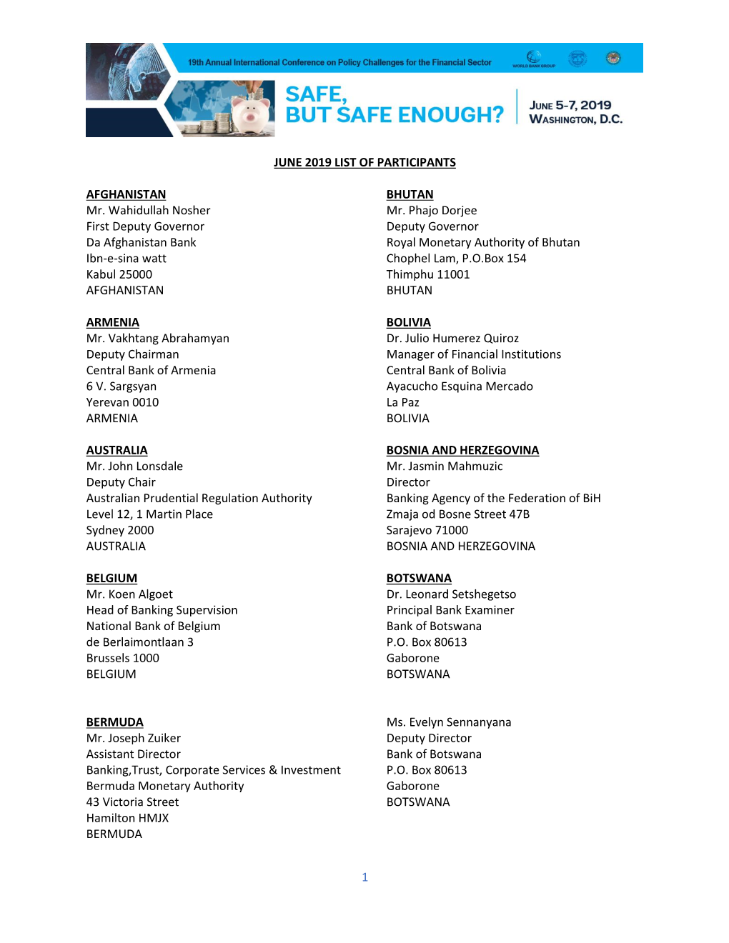 JUNE 2019 LIST of PARTICIPANTS 1 AFGHANISTAN Mr. Wahidullah Nosher First Deputy Governor Da Afghanistan Bank Ibn-E-Sina Watt