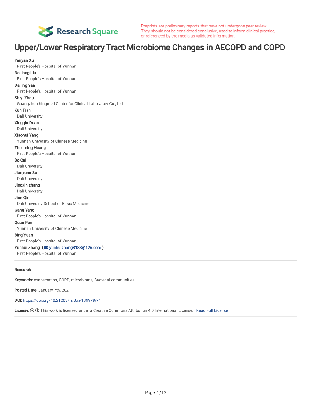 Upper/Lower Respiratory Tract Microbiome Changes in AECOPD and COPD