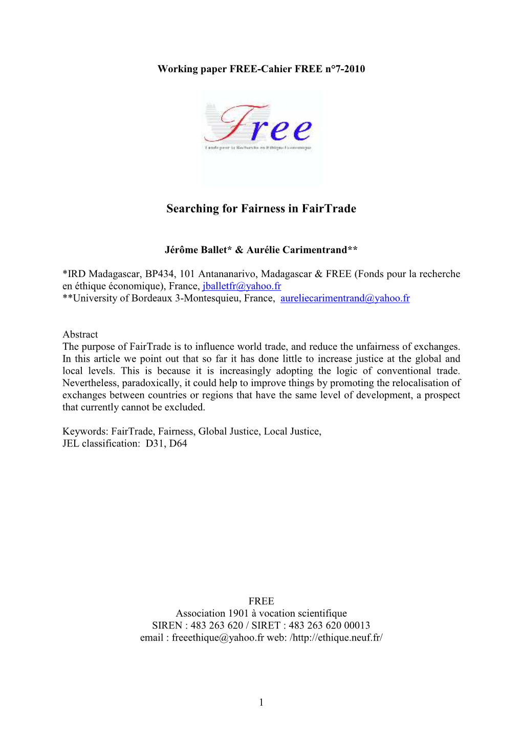 Working Paper FREE-Cahier FREE N°7-2010